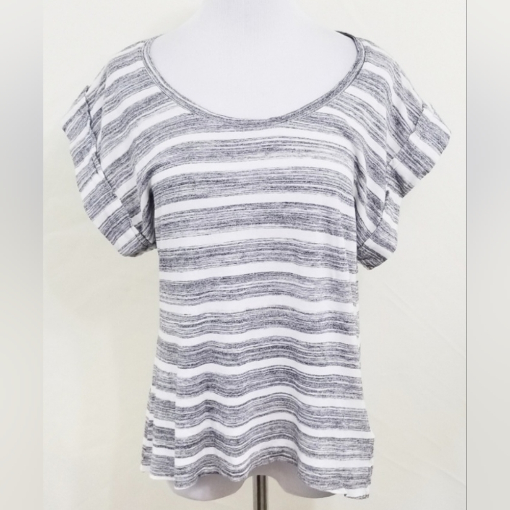 '7 For All Mankind' striped tee, short sleeve, white + gray, Size: Women's Small